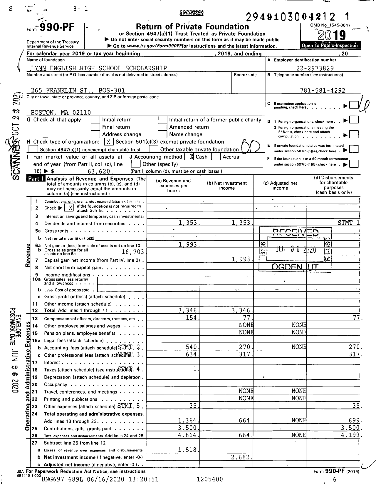 Image of first page of 2019 Form 990PF for Lynn English High School Scholarship