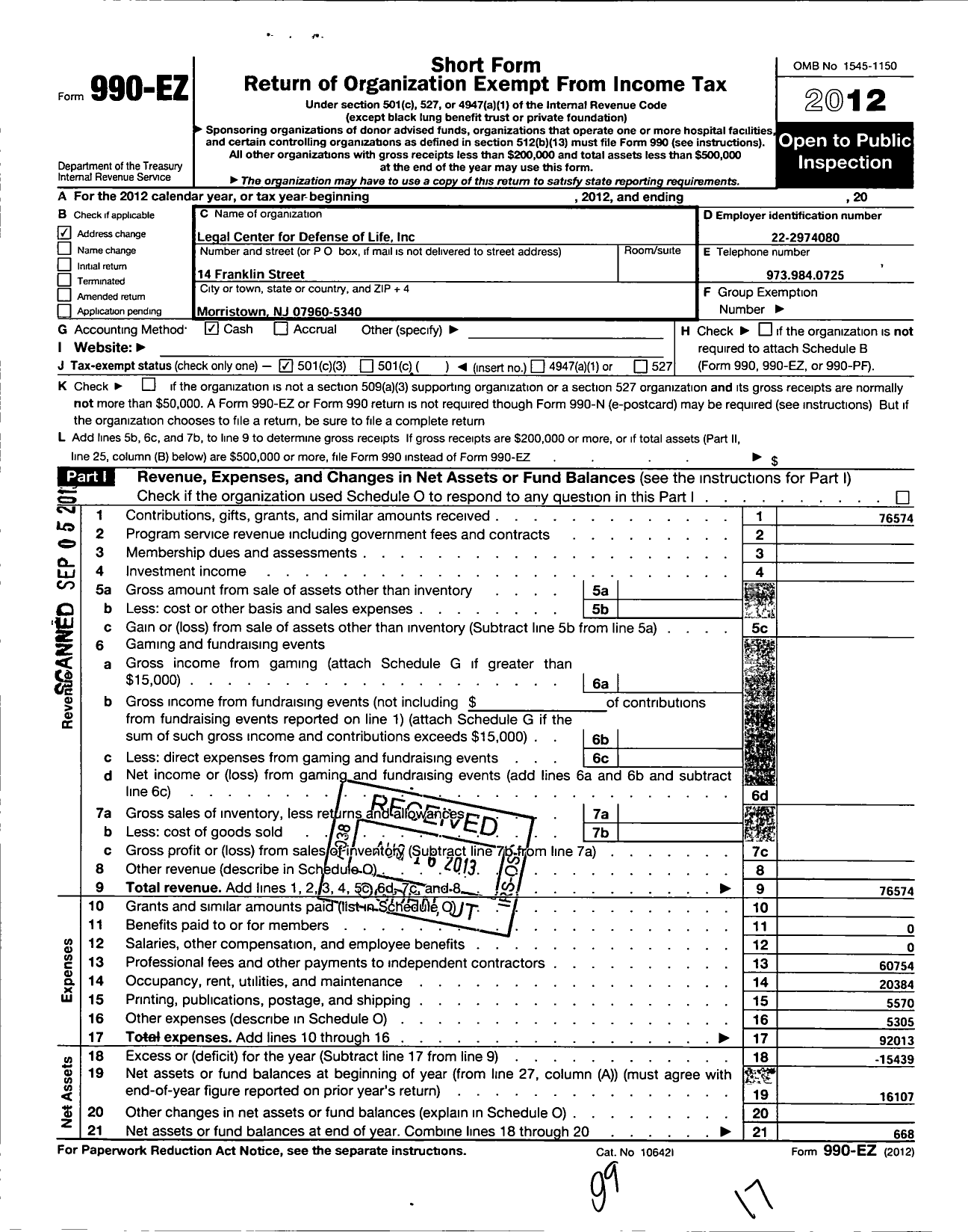 Image of first page of 2012 Form 990EZ for Legal Center for Defense of Life