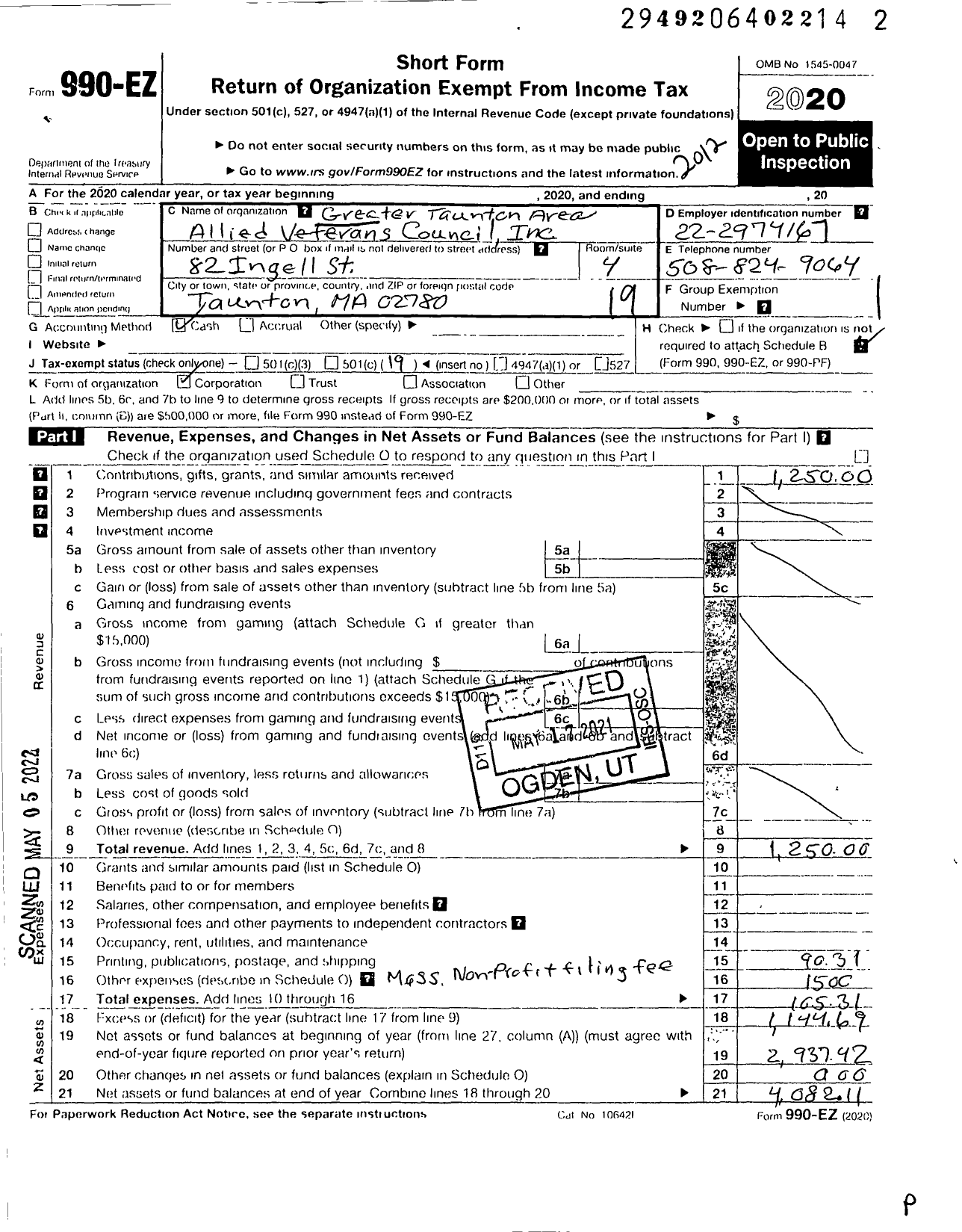 Image of first page of 2020 Form 990EO for Greater Taunton Area Allied Veterans Council