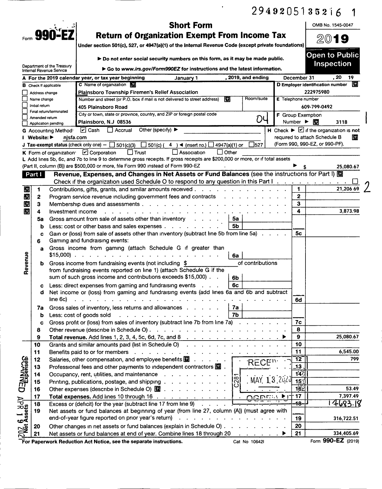 Image of first page of 2019 Form 990EO for New Jersey State Firemen's Association - Plainsboro TWSP