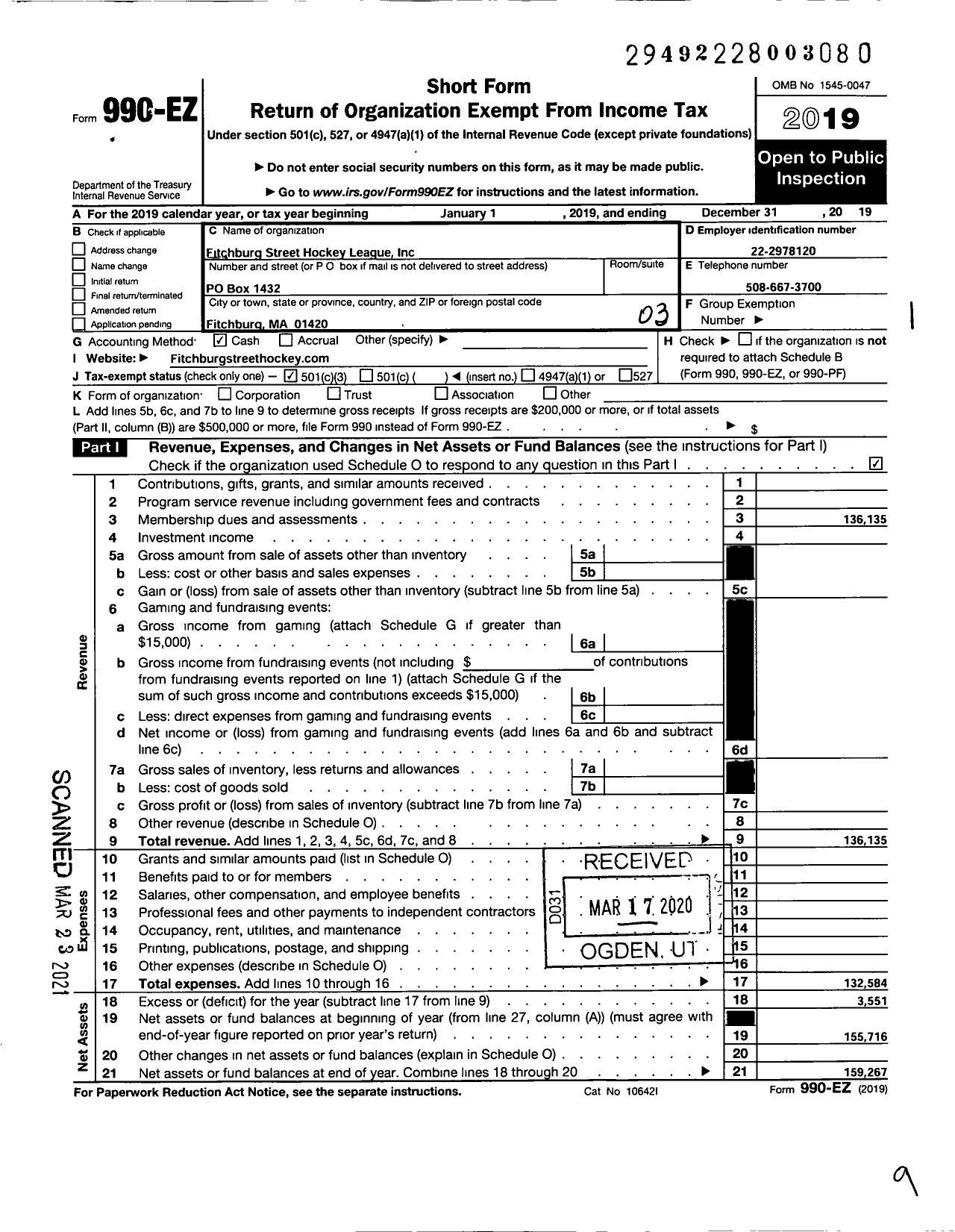 Image of first page of 2019 Form 990EZ for Fitchburg Street Hockey League