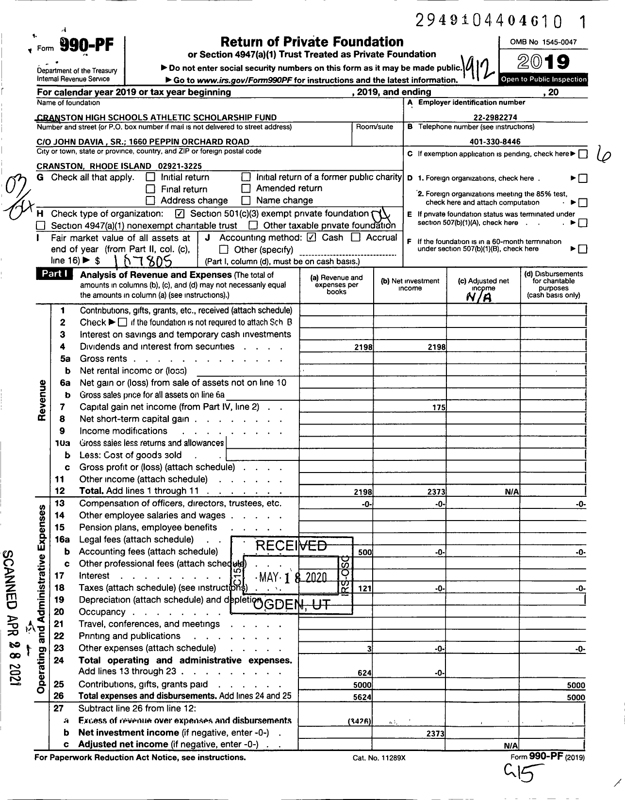 Image of first page of 2019 Form 990PF for Cranston High Schools Athletic Scholarship Fund