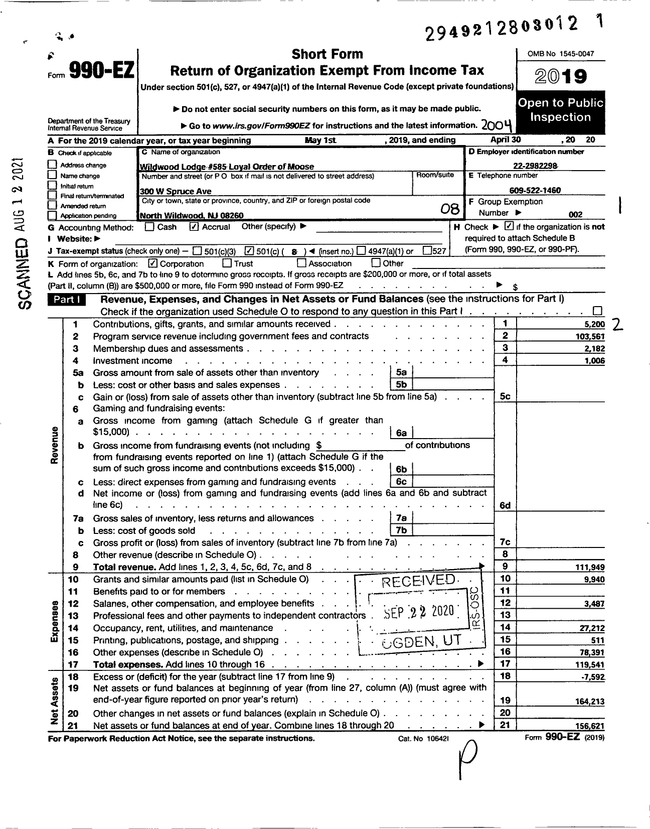 Image of first page of 2019 Form 990EO for Loyal Order of Moose - 585