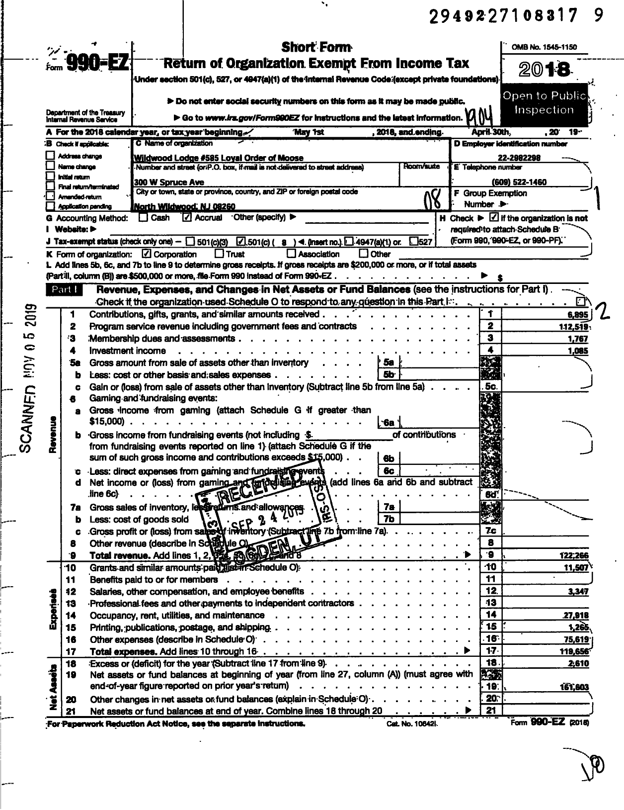 Image of first page of 2018 Form 990EO for Loyal Order of Moose - 585