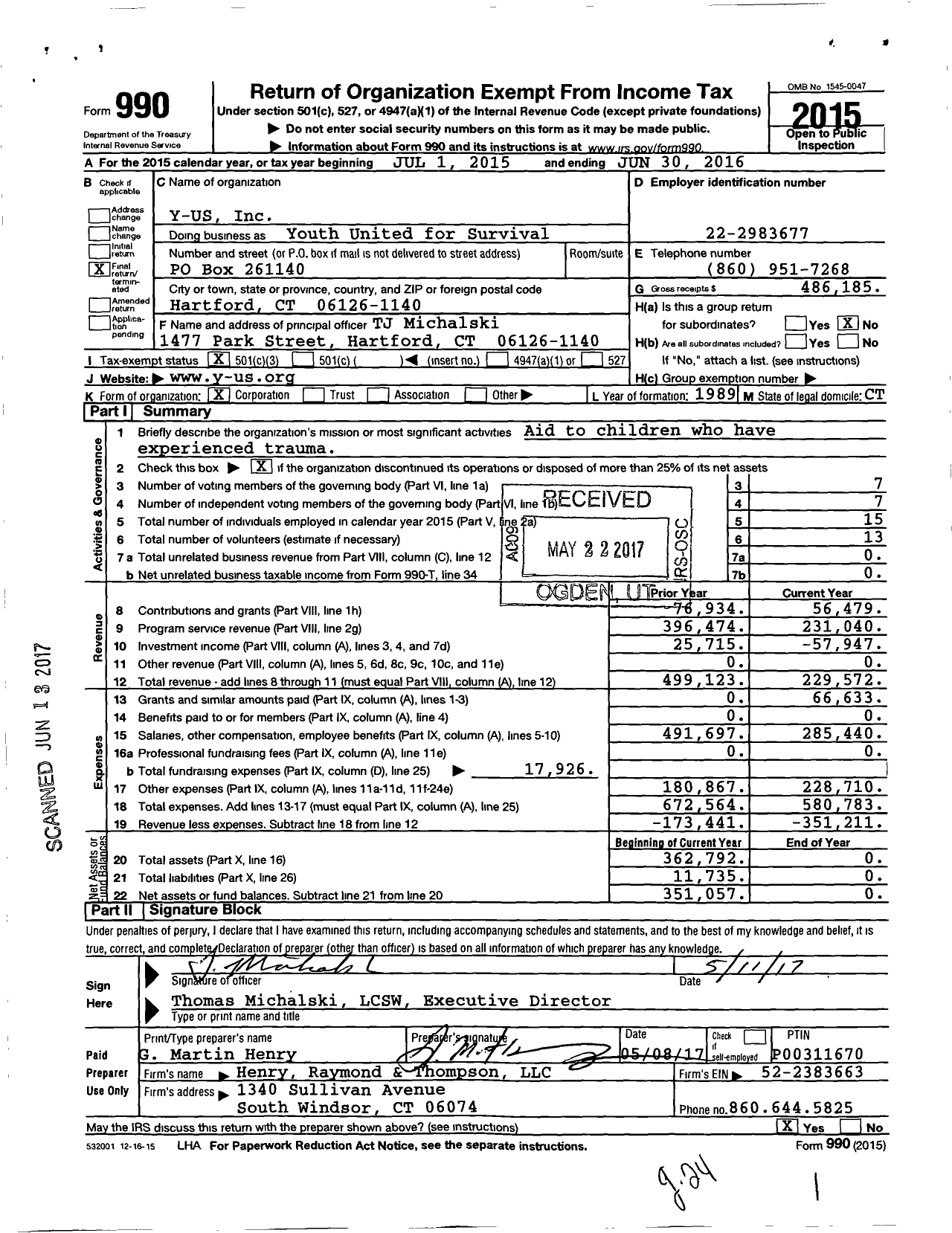 Image of first page of 2015 Form 990 for Youth United for Survival (Y-US)