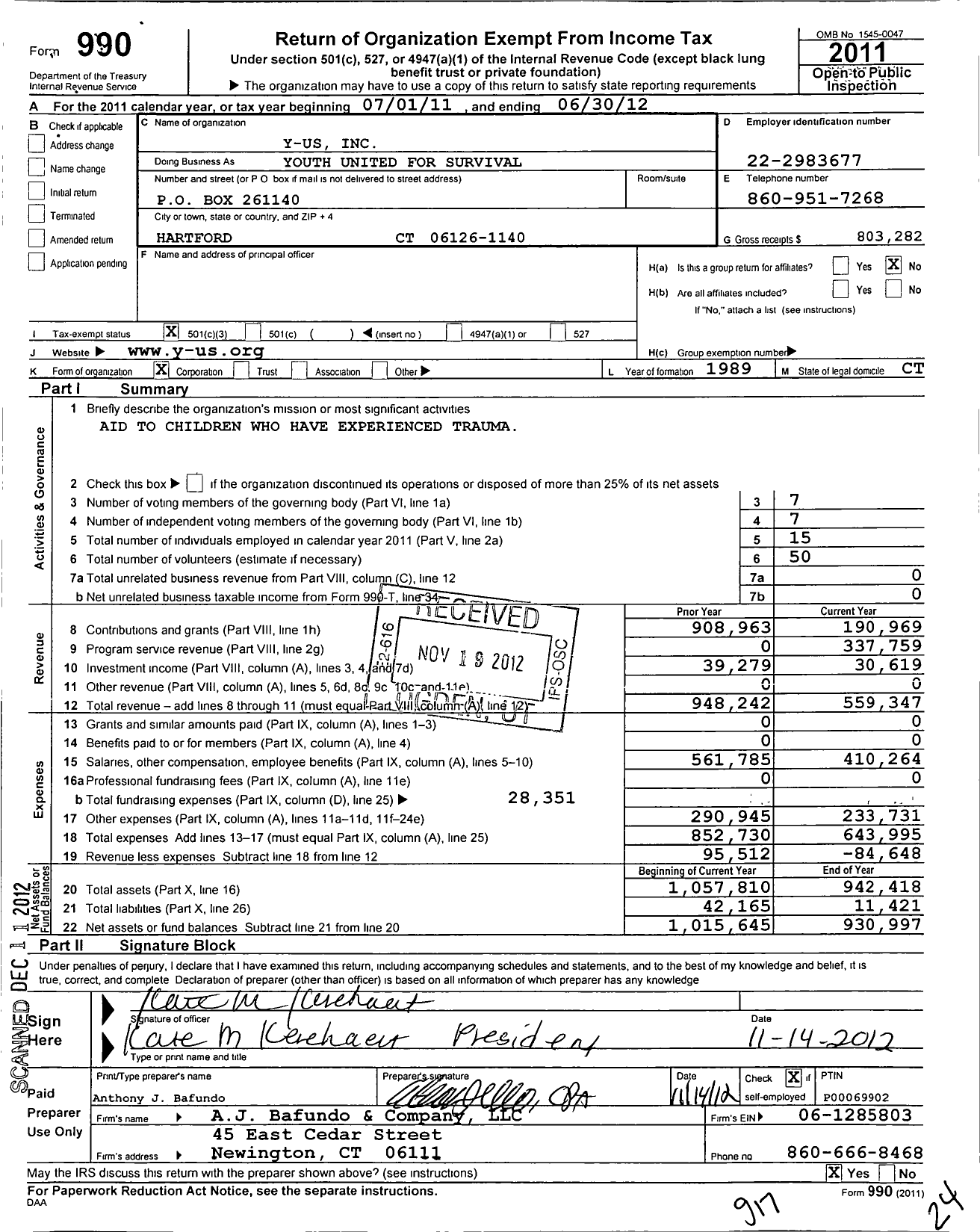 Image of first page of 2011 Form 990 for Youth United for Survival (Y-US)