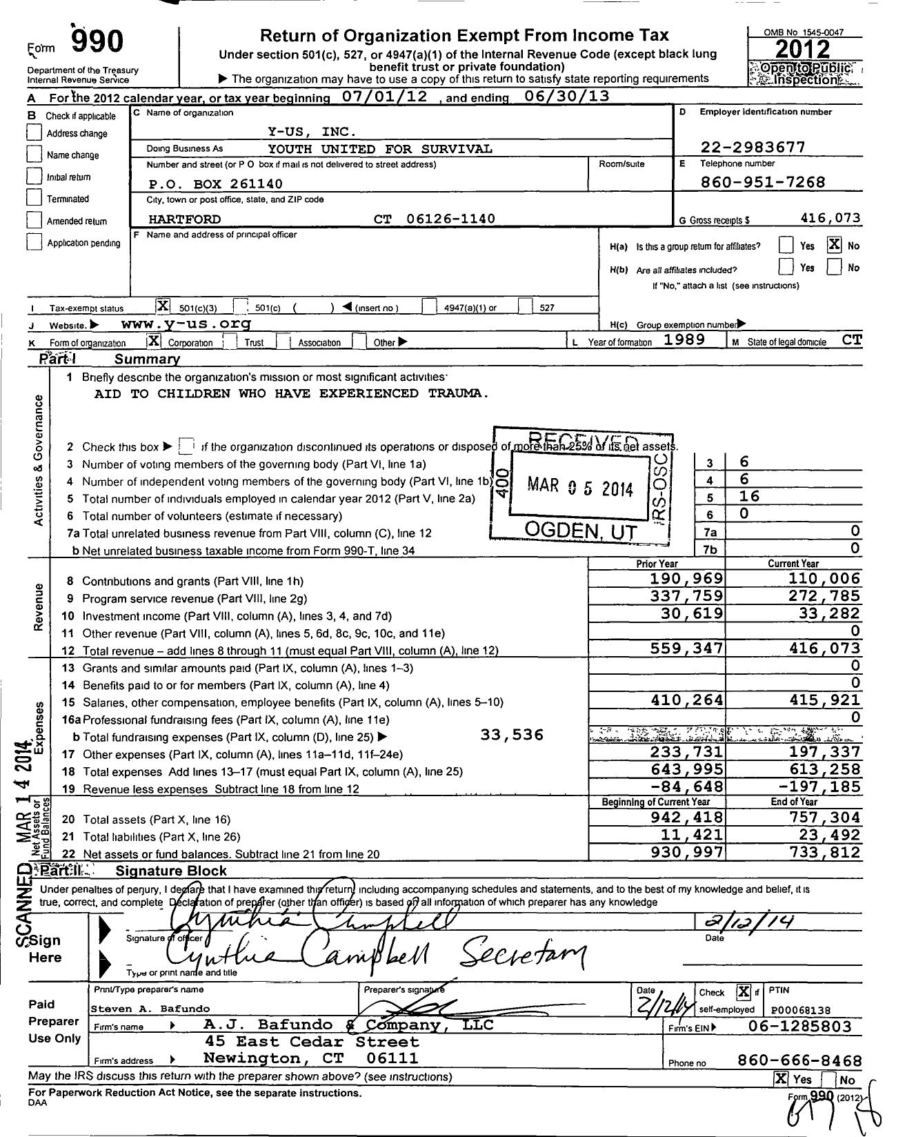 Image of first page of 2012 Form 990 for Youth United for Survival (Y-US)