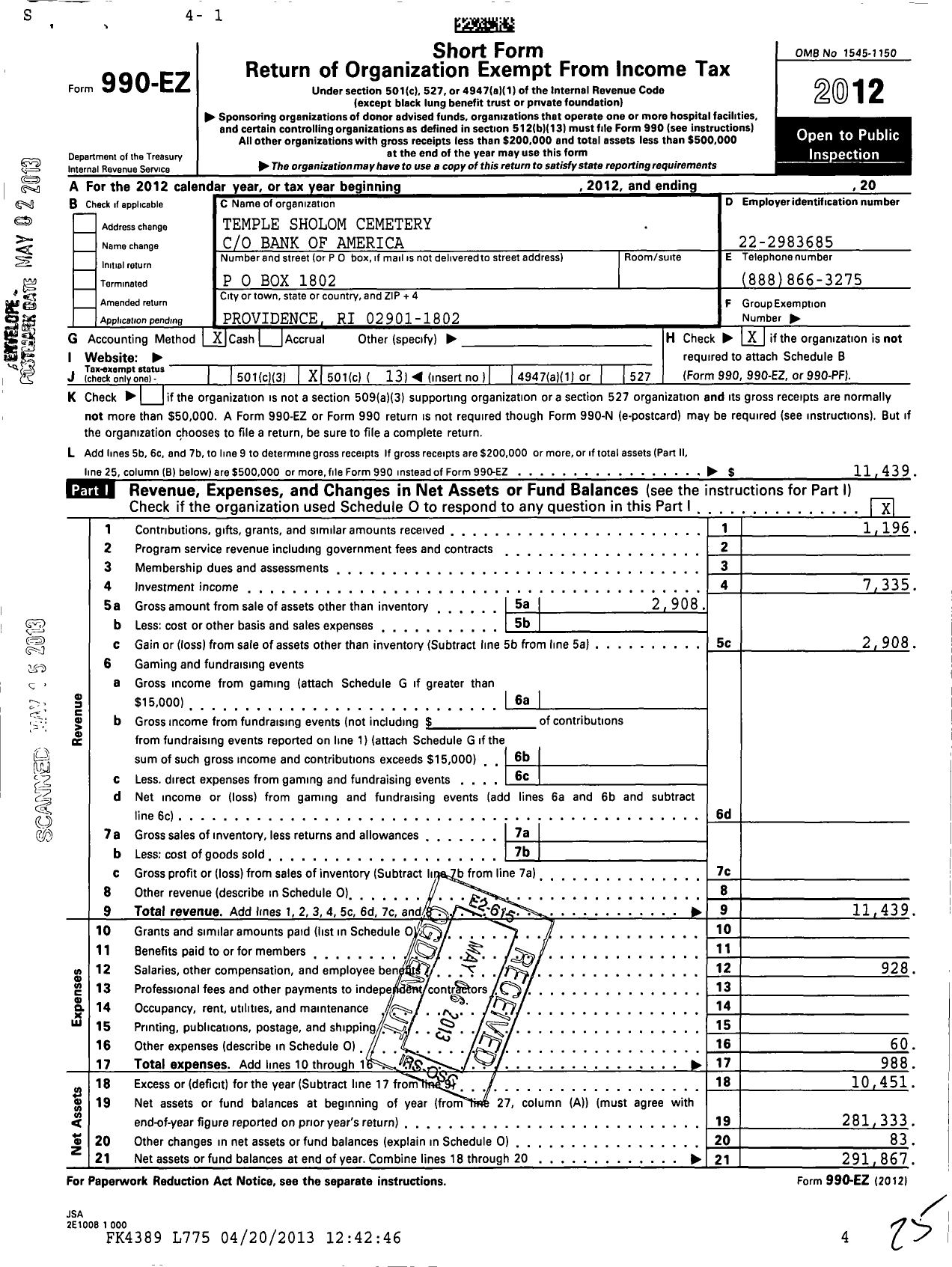 Image of first page of 2012 Form 990EO for Temple Sholom Cemetery