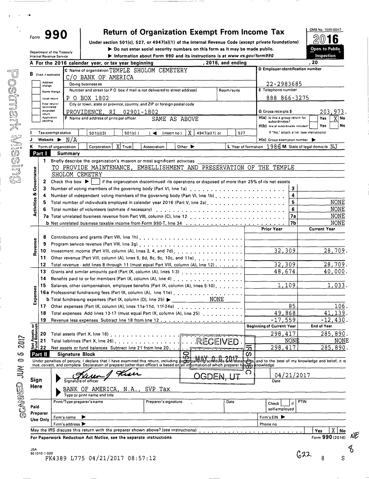 Image of first page of 2016 Form 990O for Temple Sholom Cemetery