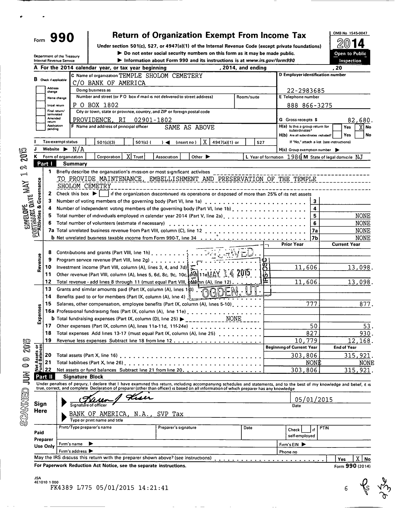 Image of first page of 2014 Form 990O for Temple Sholom Cemetery