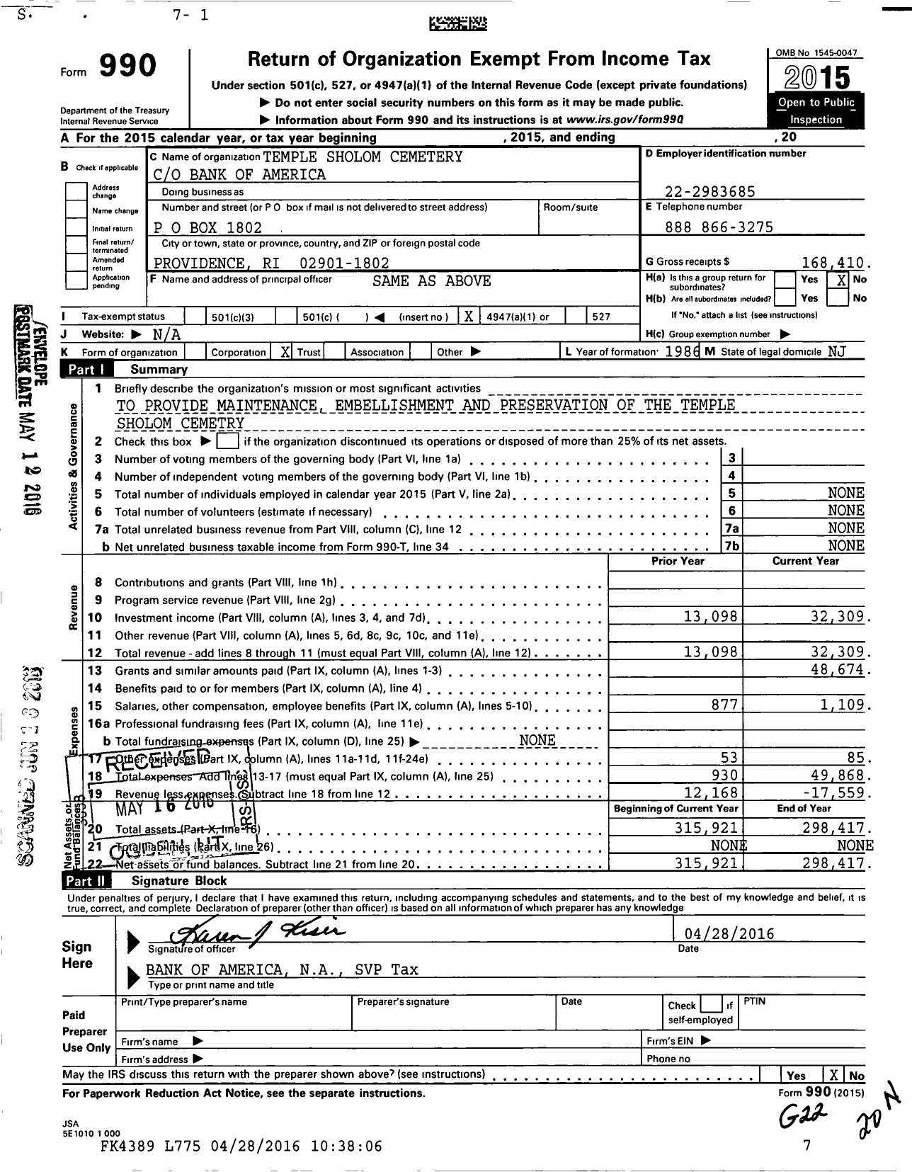 Image of first page of 2015 Form 990O for Temple Sholom Cemetery