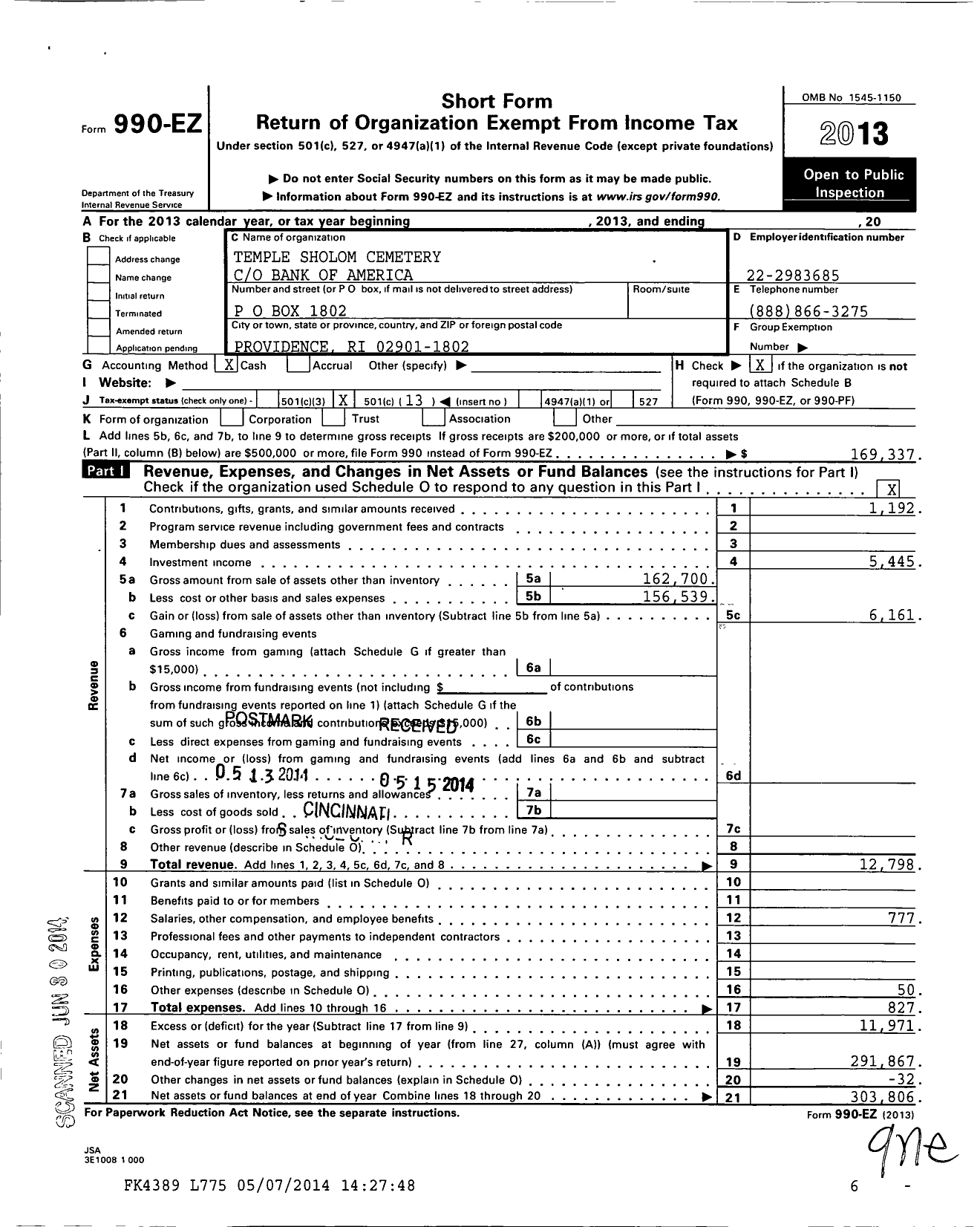 Image of first page of 2013 Form 990EO for Temple Sholom Cemetery