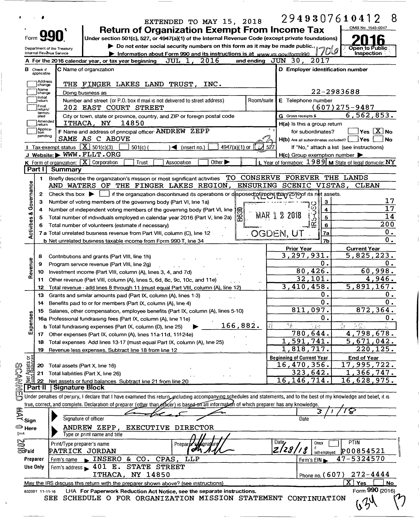 Image of first page of 2016 Form 990 for The Finger Lakes Land Trust (FLLT)