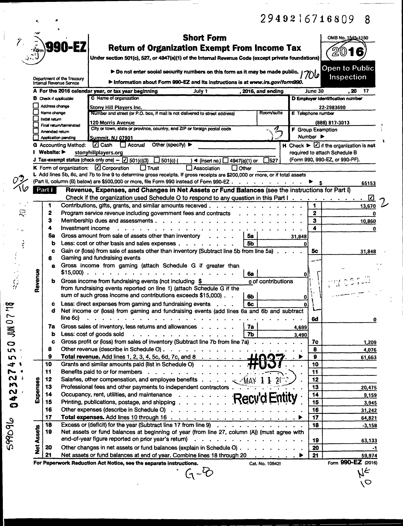 Image of first page of 2016 Form 990EZ for Stony Hill Players