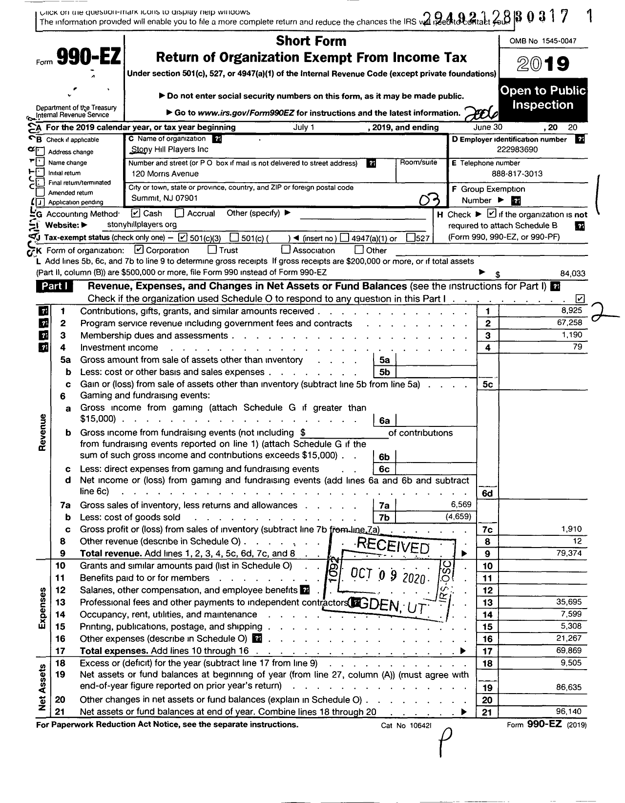 Image of first page of 2019 Form 990EZ for Stony Hill Players