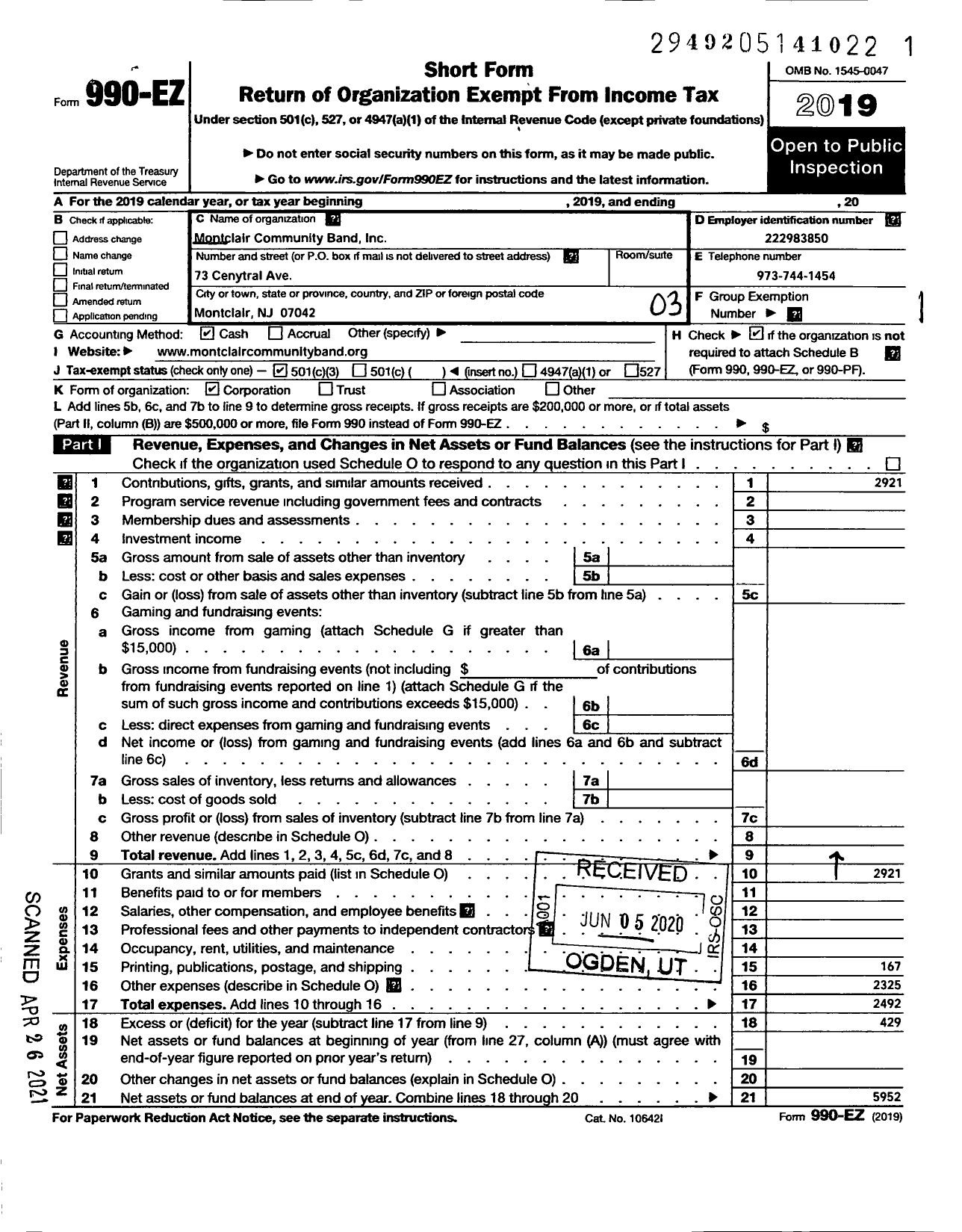 Image of first page of 2019 Form 990EZ for Montclair Community Band