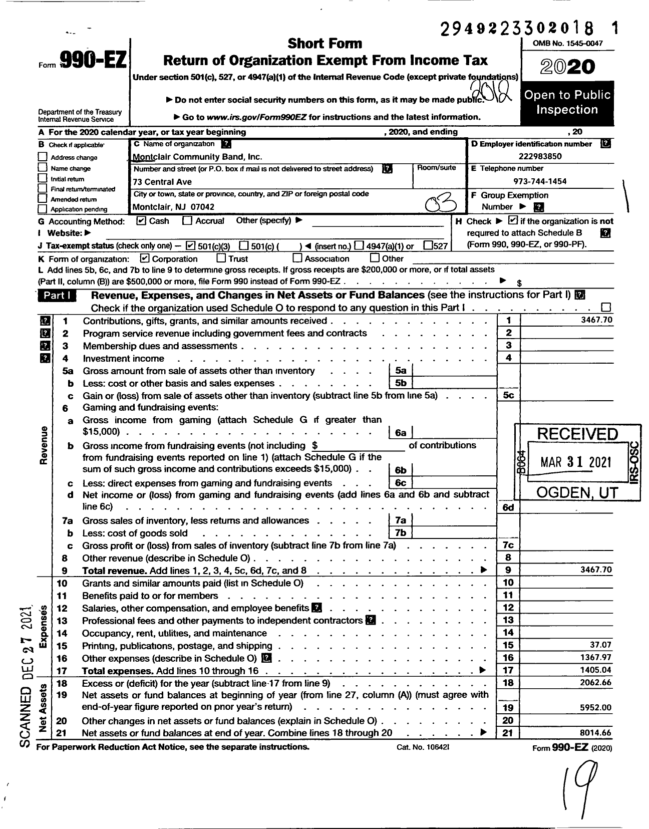 Image of first page of 2020 Form 990EZ for Montclair Community Band