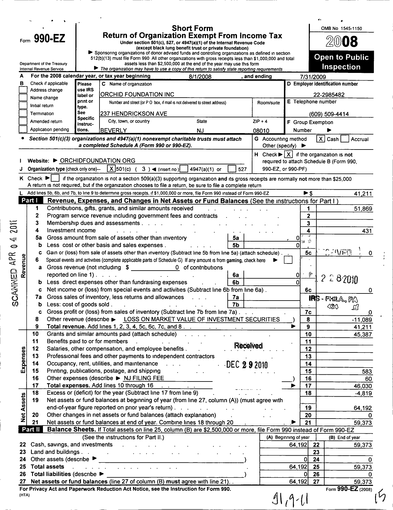 Image of first page of 2008 Form 990EZ for Orchid Foundation