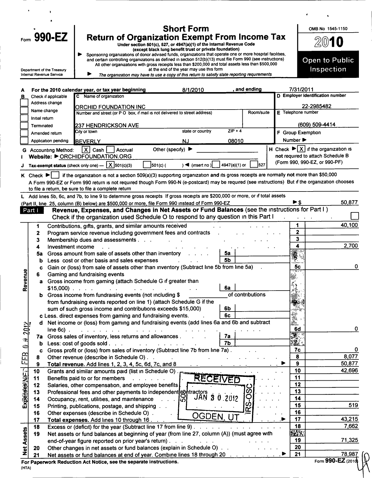 Image of first page of 2010 Form 990EZ for Orchid Foundation