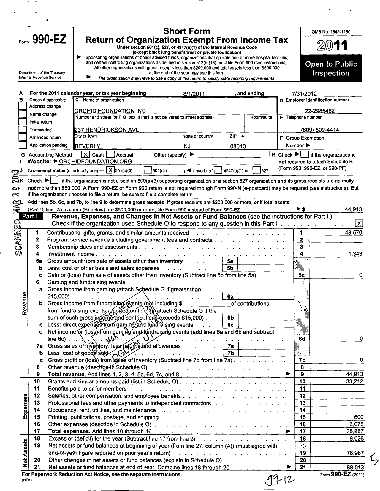 Image of first page of 2011 Form 990EZ for Orchid Foundation