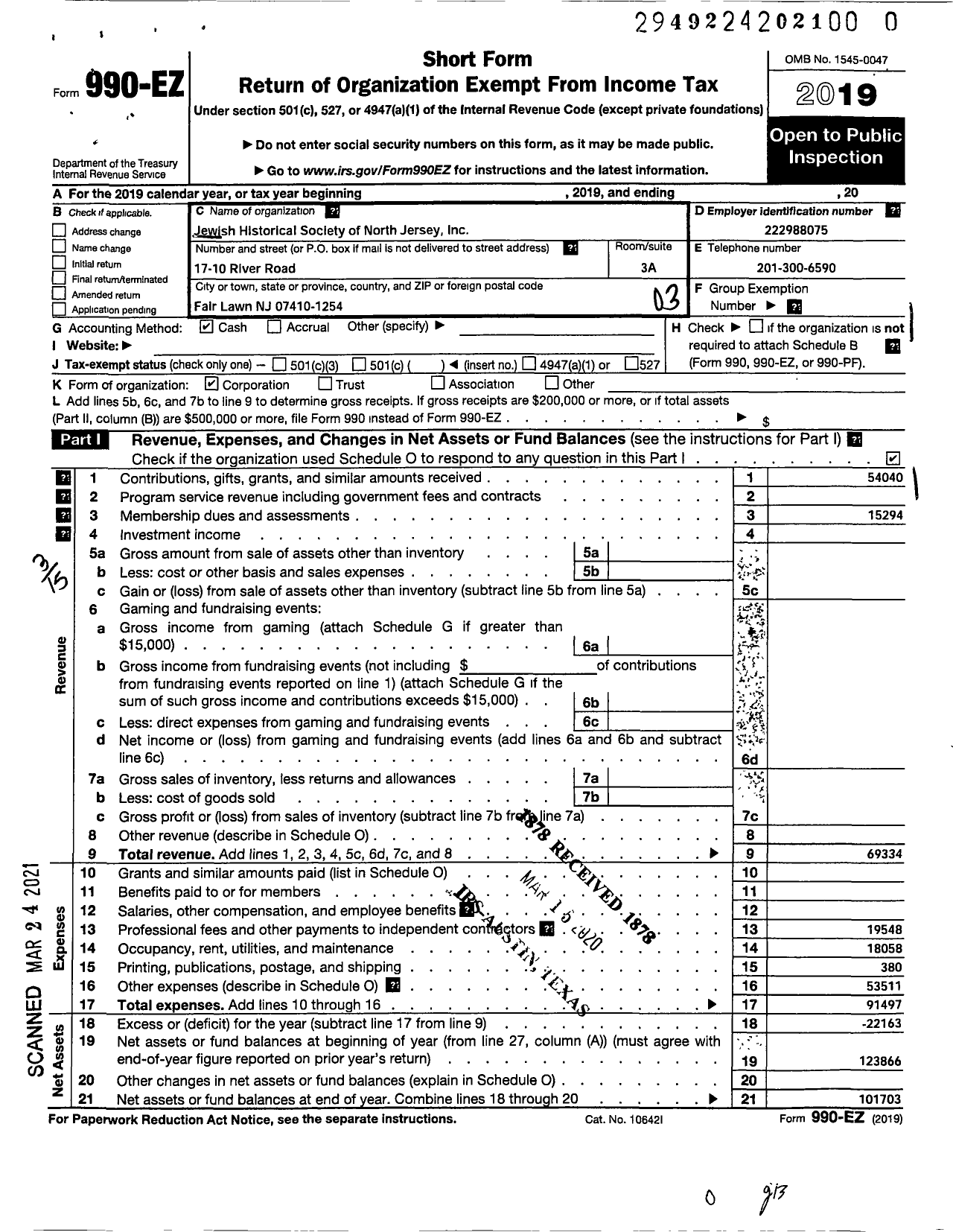 Image of first page of 2019 Form 990EZ for Jewish Historical Society of North Jersey