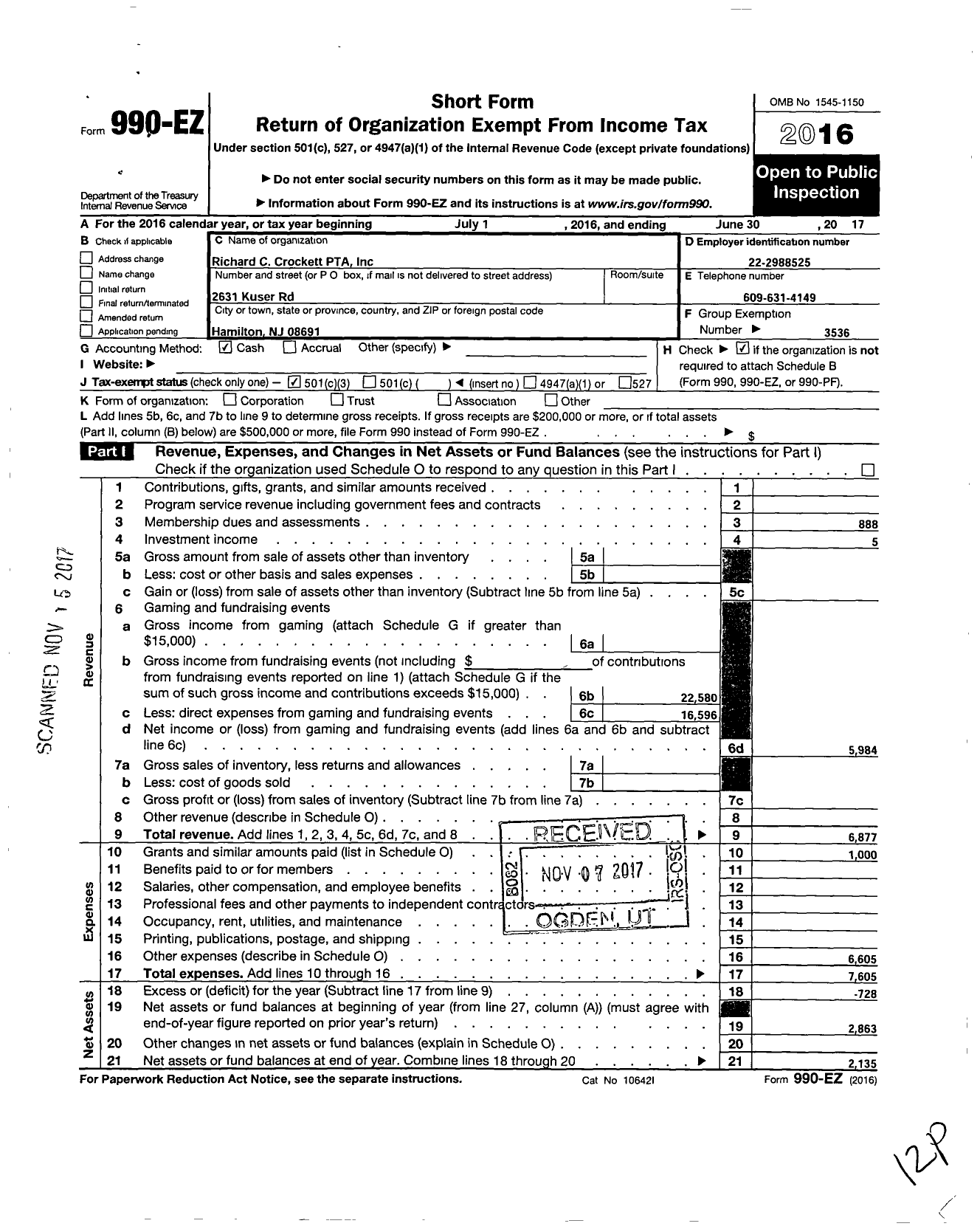 Image of first page of 2016 Form 990EZ for New Jersey PTA - 24561 Richard C Crockett