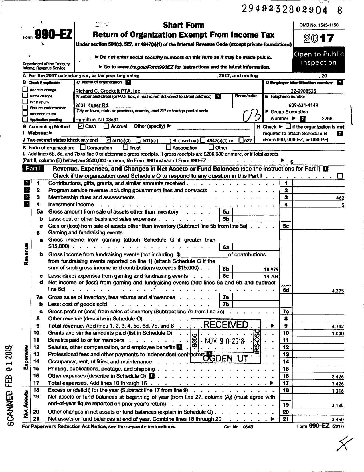 Image of first page of 2017 Form 990EZ for New Jersey PTA - 24561 Richard C Crockett