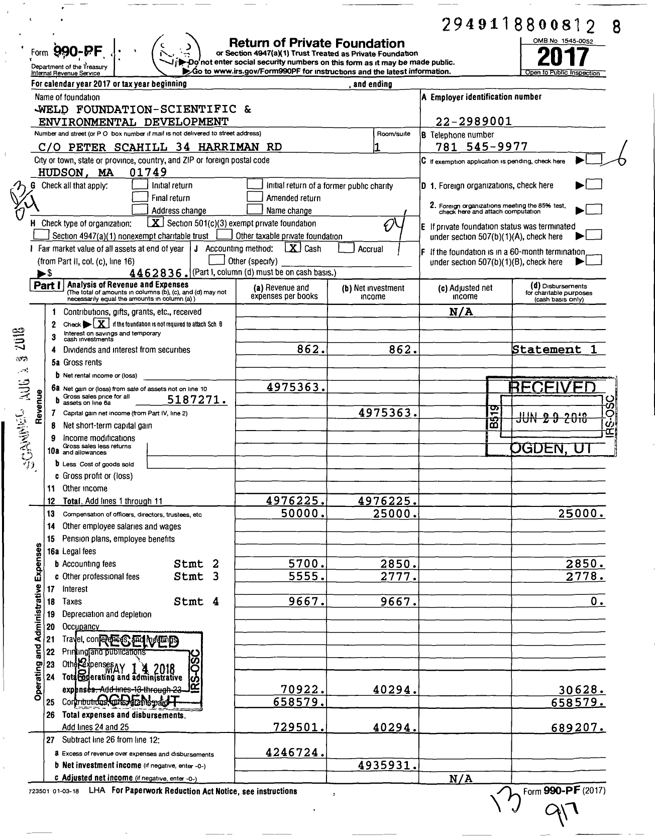 Image of first page of 2017 Form 990PF for WELD FOUNDATION-SCIENTIFIC AND ENVIRONMENTal DEVELOPMENT