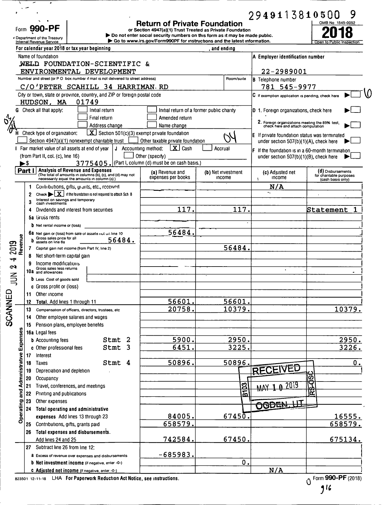 Image of first page of 2018 Form 990PF for WELD FOUNDATION-SCIENTIFIC AND ENVIRONMENTal DEVELOPMENT