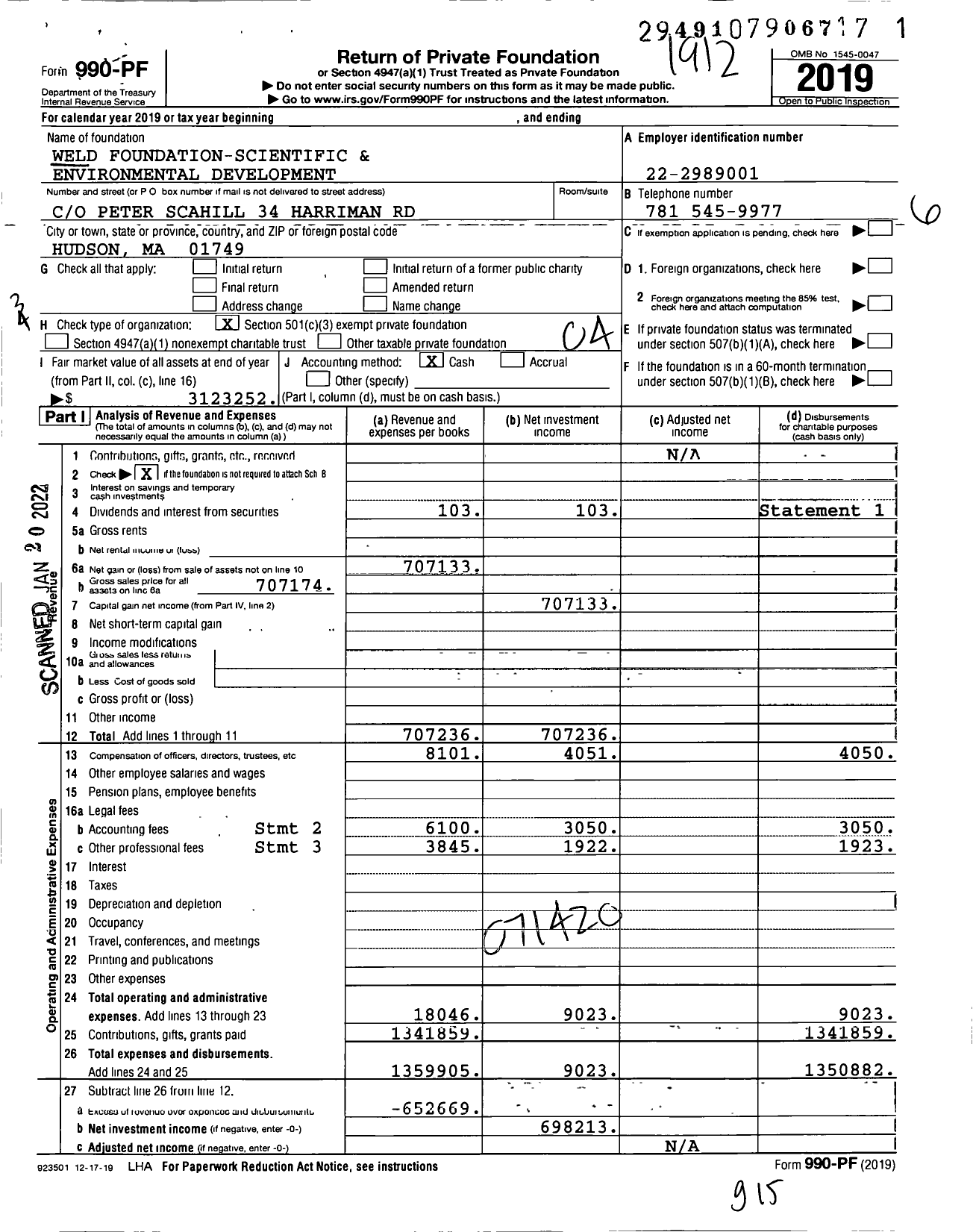 Image of first page of 2019 Form 990PF for WELD FOUNDATION-SCIENTIFIC AND ENVIRONMENTal DEVELOPMENT