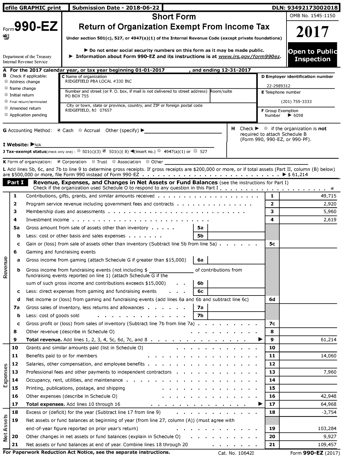 Image of first page of 2017 Form 990EZ for NJ State Patrolmen's Benevolent Association - 330 Ridgefield Pba Local