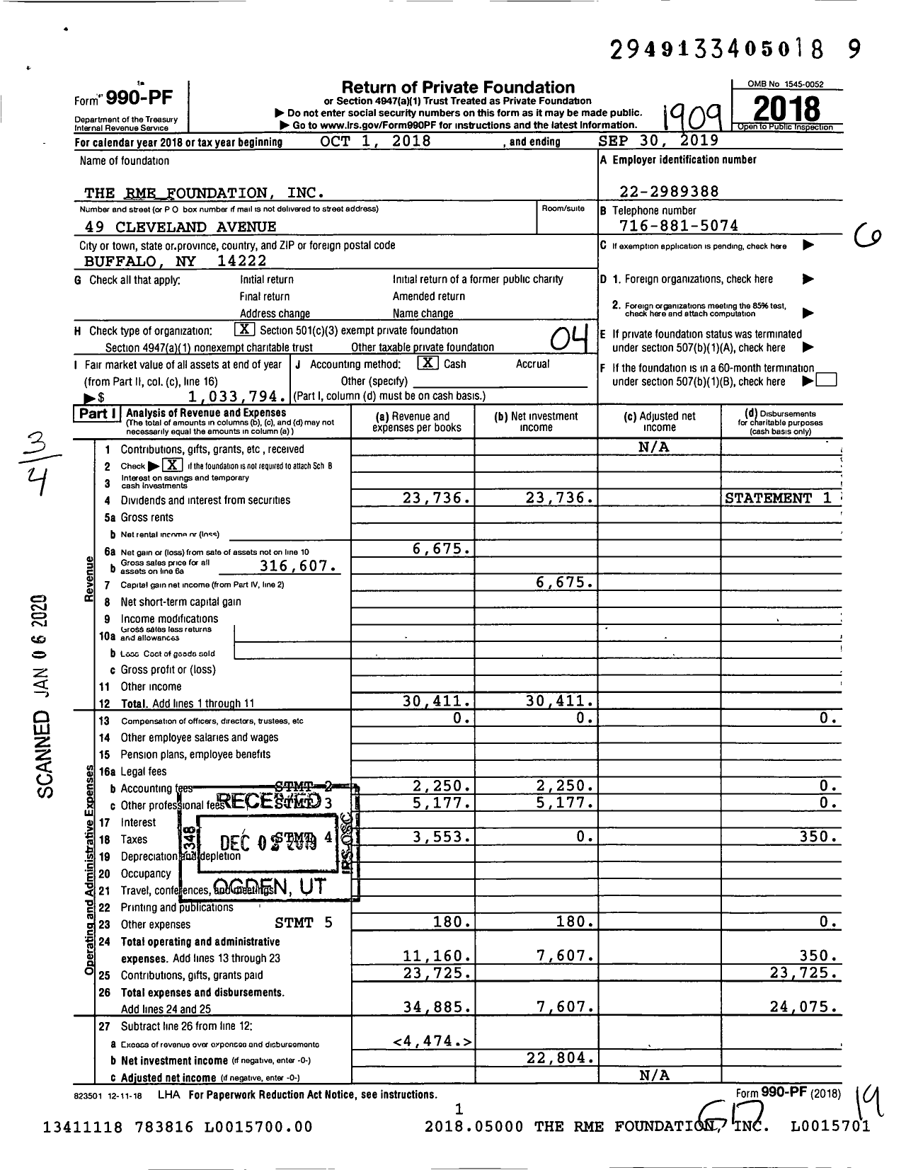 Image of first page of 2018 Form 990PF for The Rme Foundation