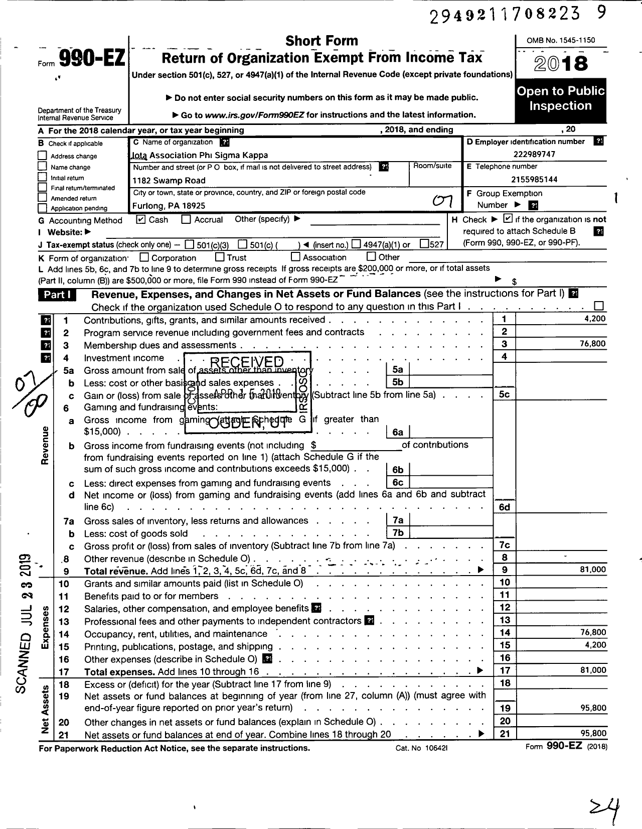 Image of first page of 2018 Form 990EO for Phi Sigma Kappa - 109 Iota Association Phi Sigma Kap