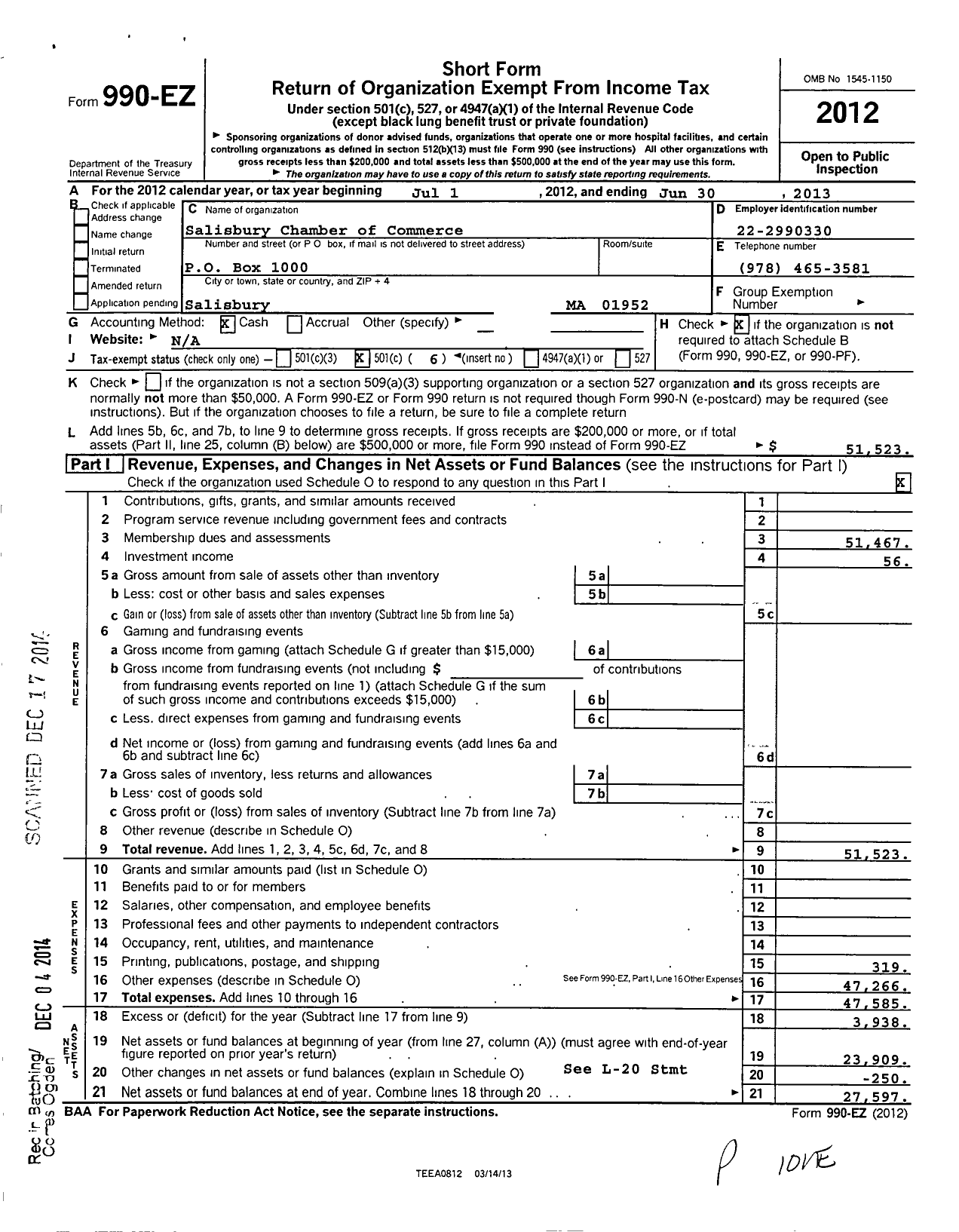 Image of first page of 2012 Form 990EO for Salisbury Chamber of Commerce