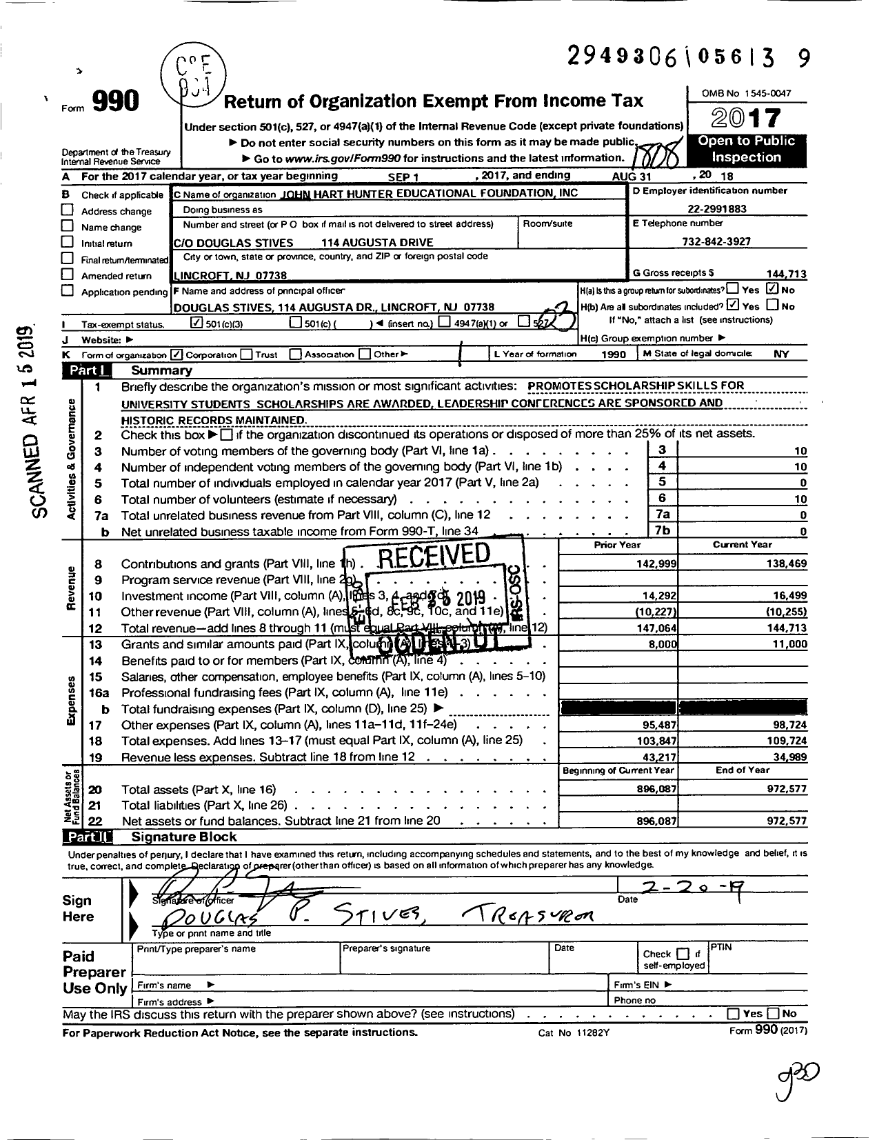 Image of first page of 2017 Form 990 for John Hart Hunter Educational Foundation