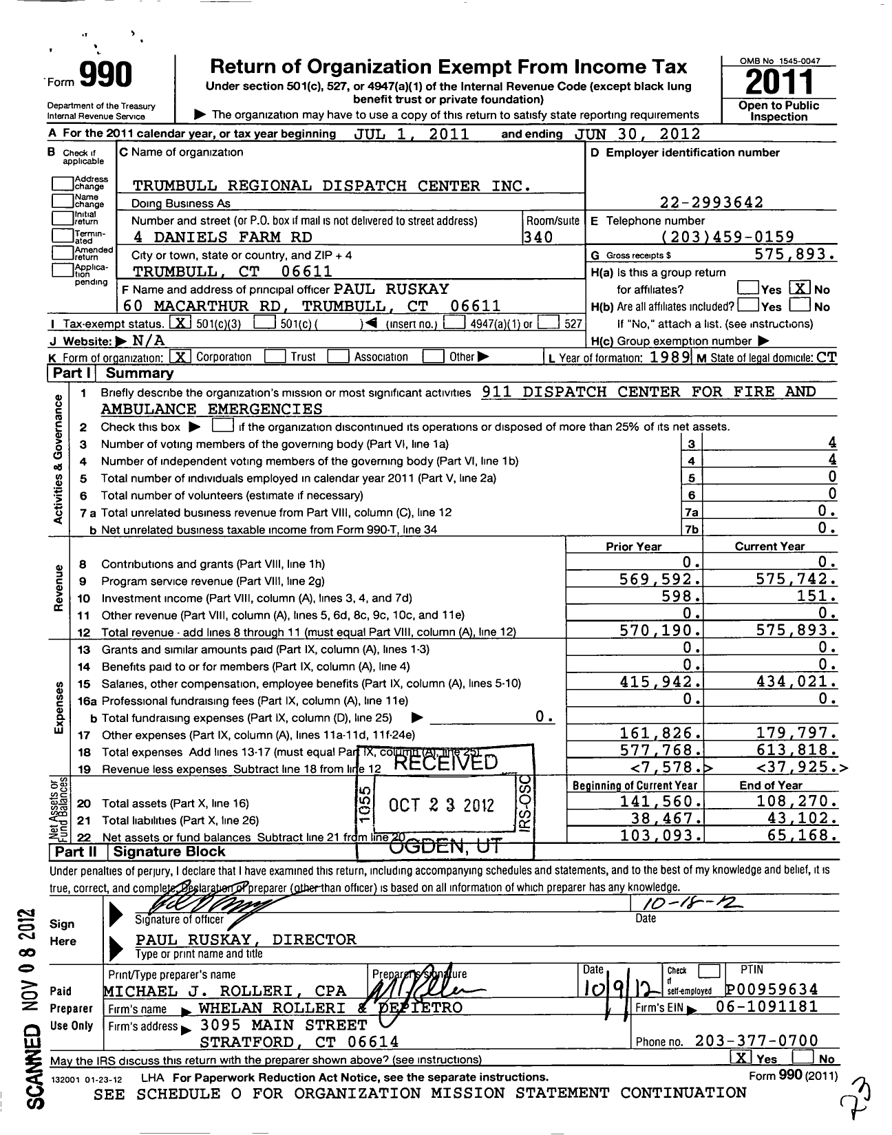 Image of first page of 2011 Form 990 for Trumbull Regional Dispatch Center Incorporated