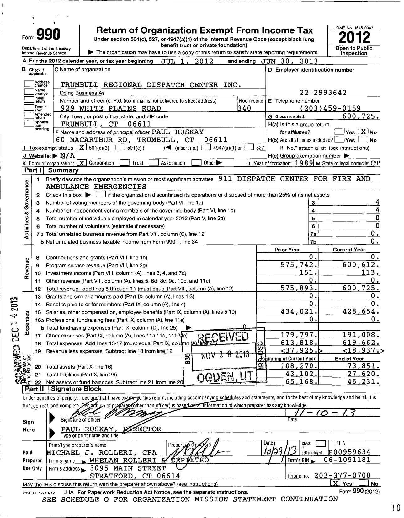 Image of first page of 2012 Form 990 for Trumbull Regional Dispatch Center Incorporated