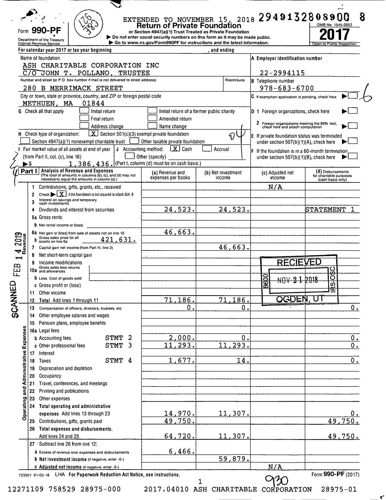 Image of first page of 2017 Form 990PF for Ash Charitable Corporation