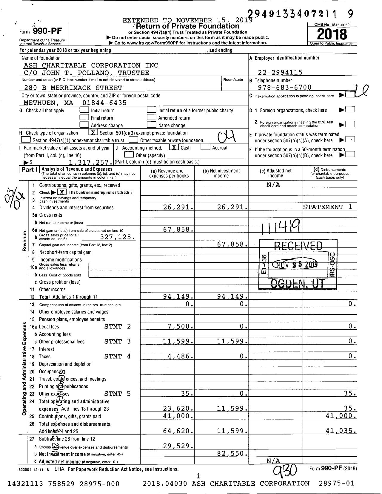 Image of first page of 2018 Form 990PF for Ash Charitable Corporation