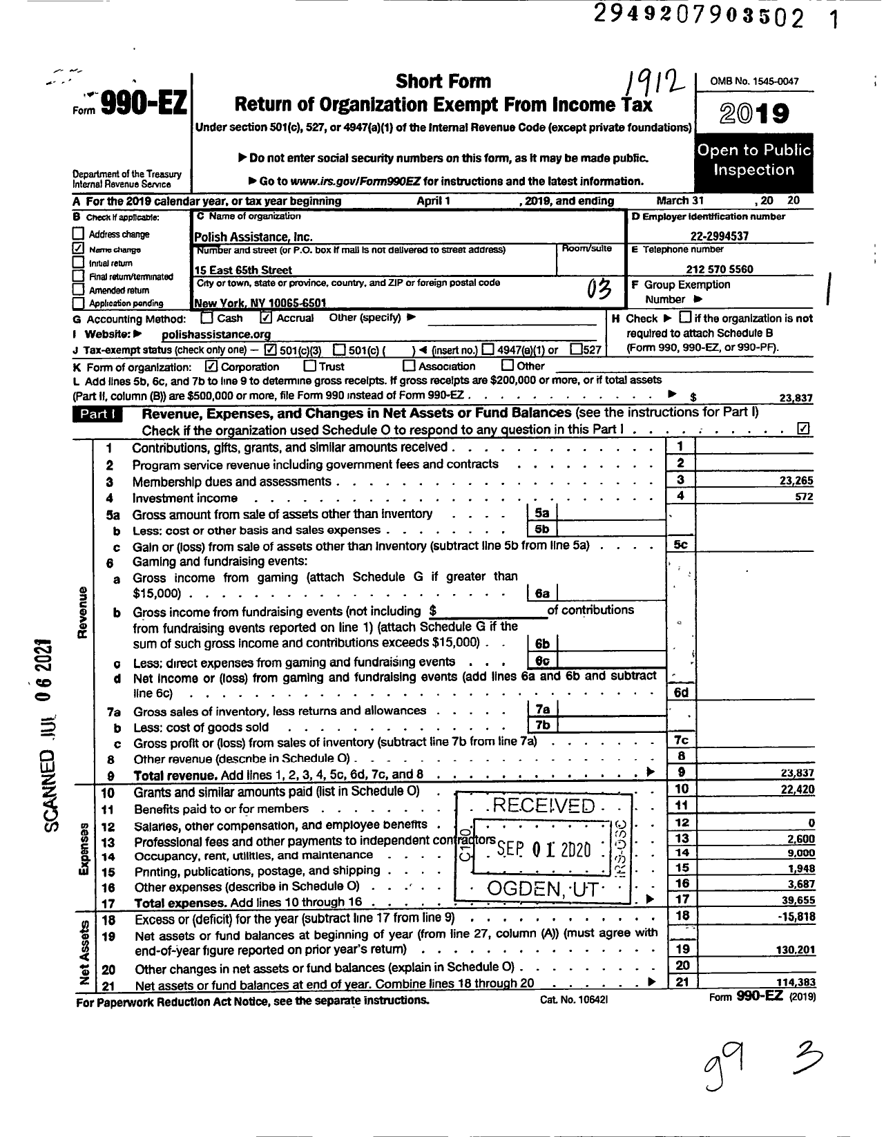 Image of first page of 2019 Form 990EZ for Polish Assistance