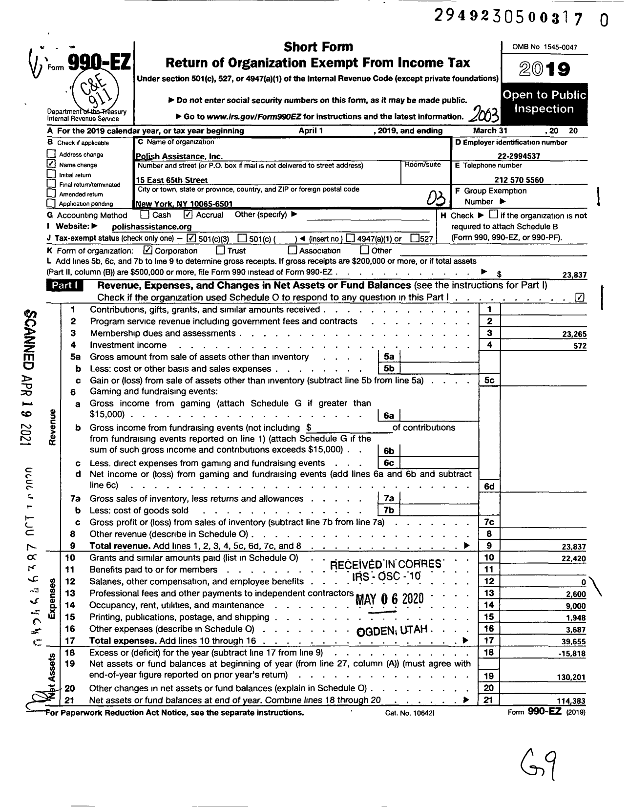 Image of first page of 2019 Form 990EZ for Polish Assistance