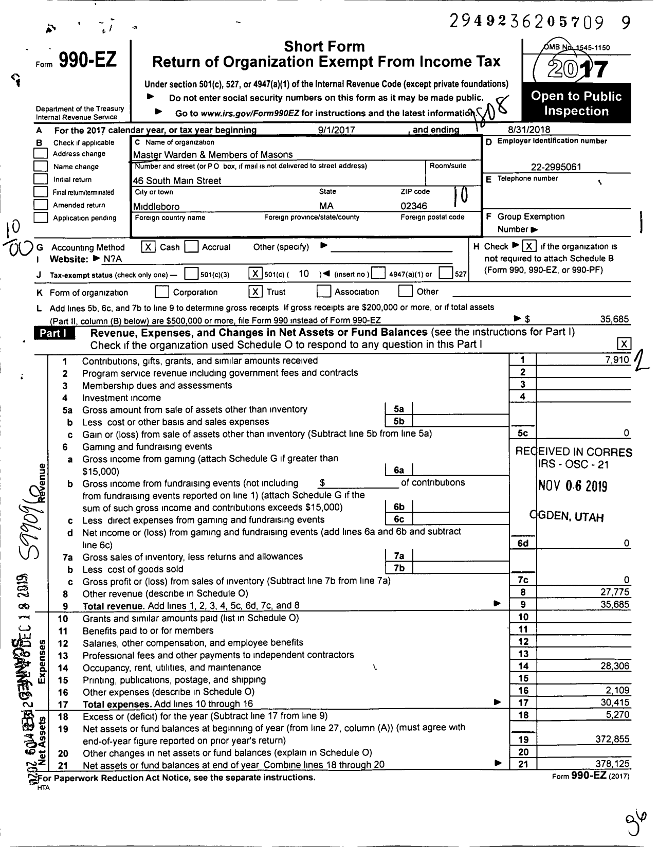 Image of first page of 2017 Form 990EO for Massachusetts Freemasons - Middleboro Masonic Temple Trust