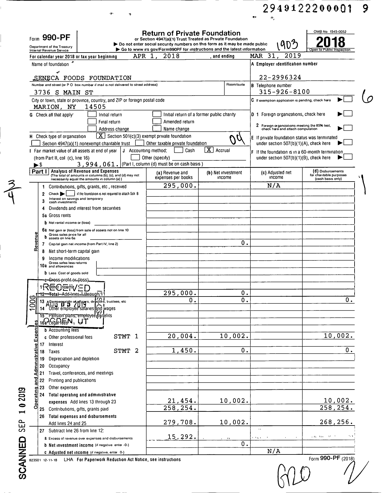 Image of first page of 2018 Form 990PF for Seneca Foods Foundation