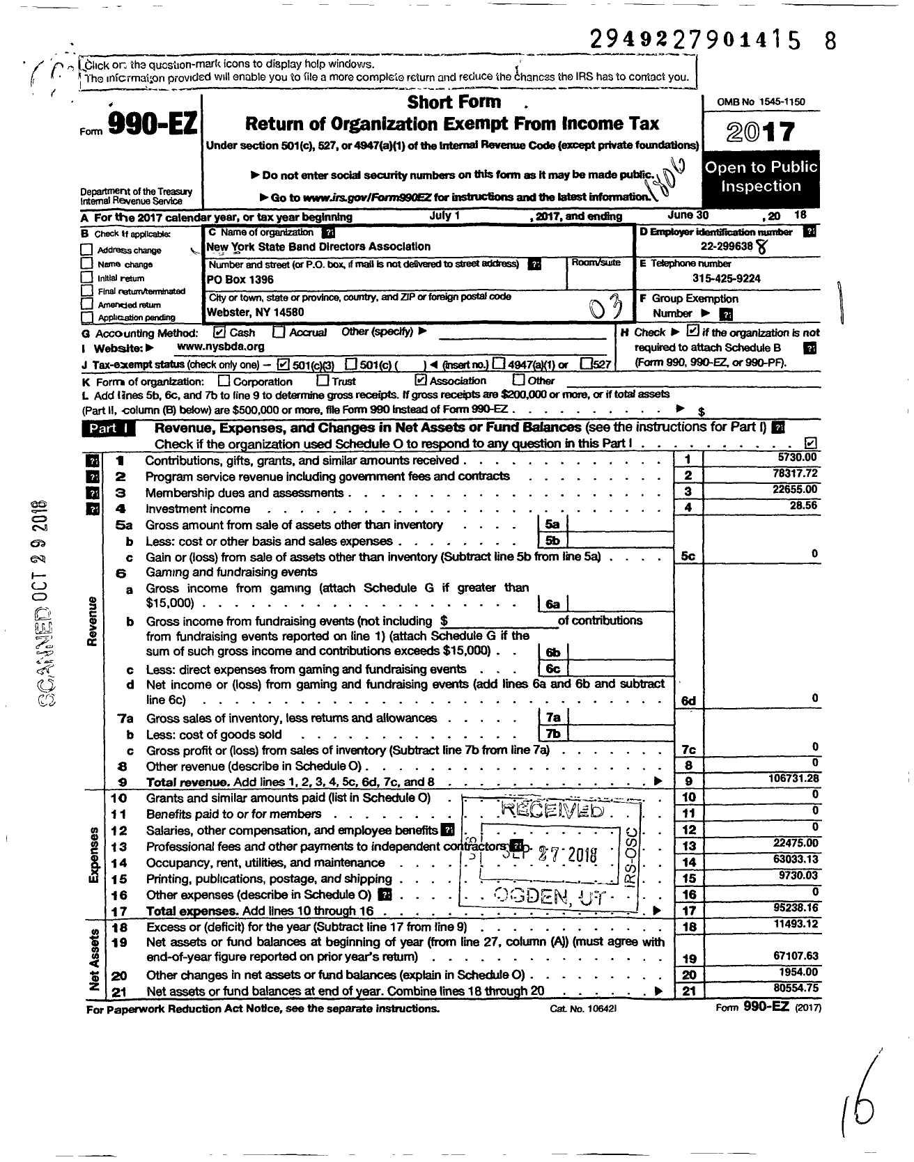 Image of first page of 2017 Form 990EZ for Ny State Band Directors Association (NYSBDA)