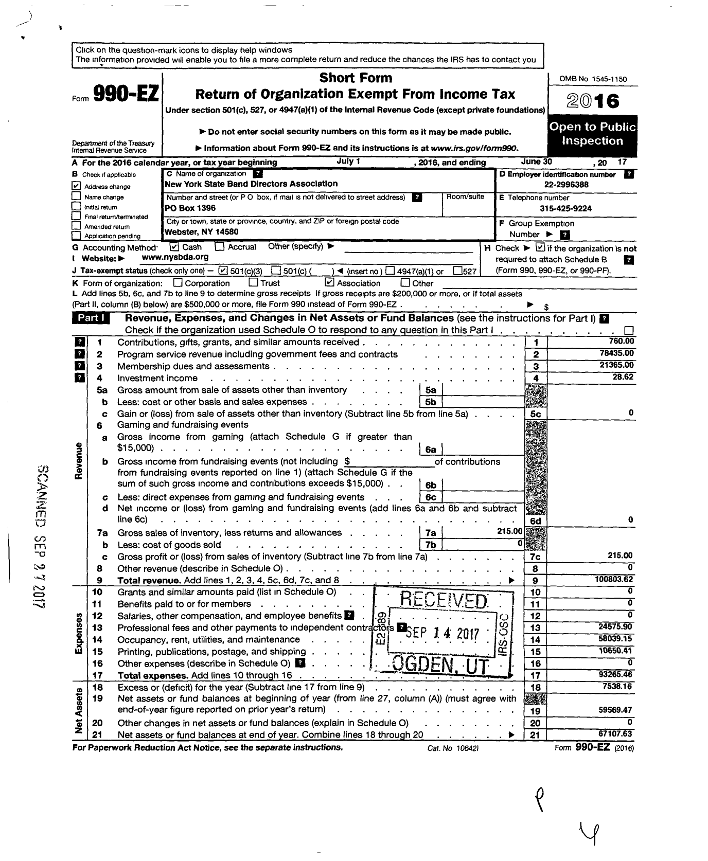 Image of first page of 2016 Form 990EZ for Ny State Band Directors Association (NYSBDA)