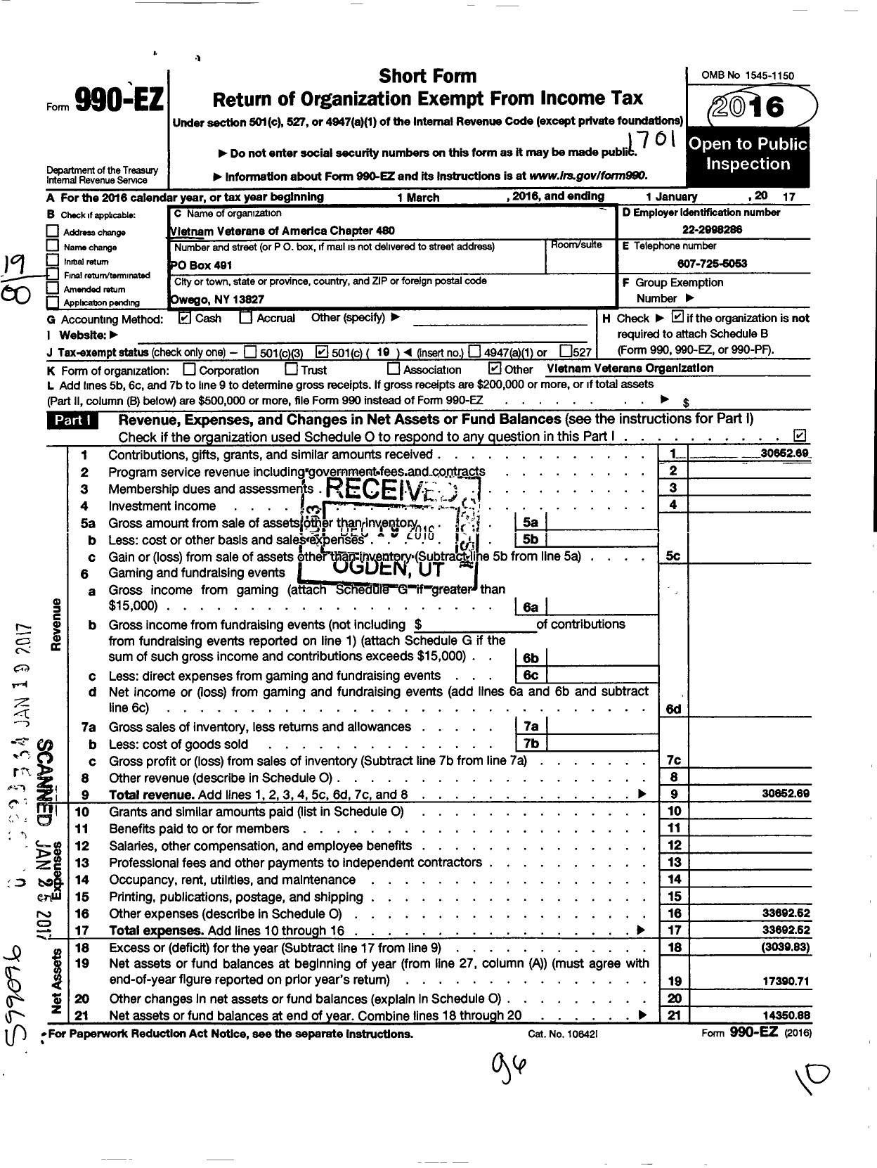 Image of first page of 2016 Form 990EO for Vietnam Veterans of America - 480 Southern Tier Vva Chapter