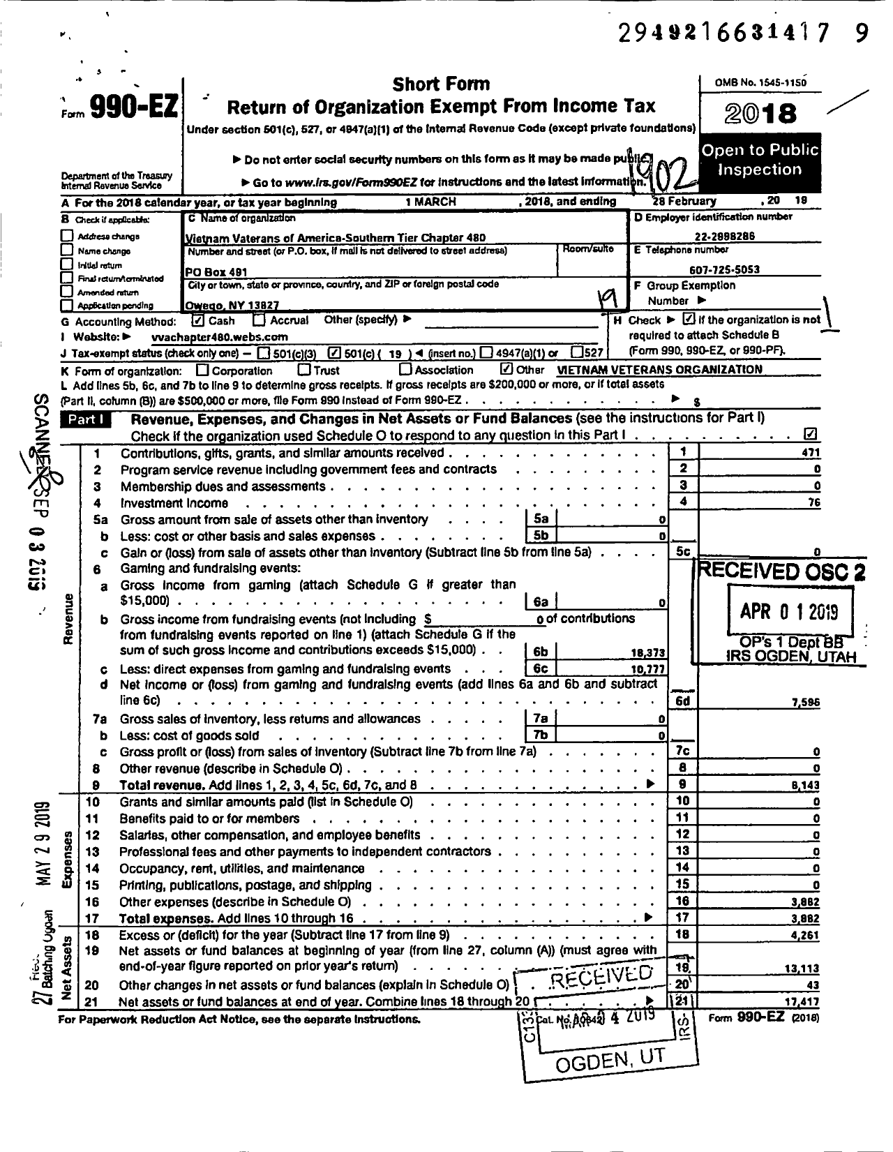 Image of first page of 2018 Form 990EO for Vietnam Veterans of America - 480 Southern Tier Vva Chapter