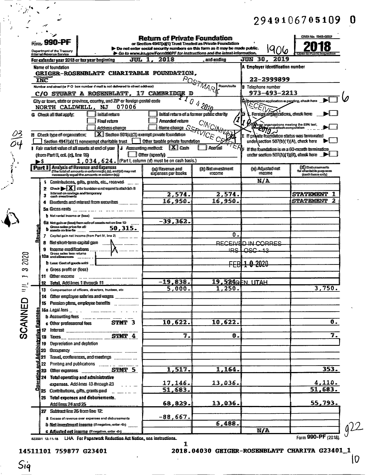 Image of first page of 2018 Form 990PR for Geiger-Rosenblatt Charitable Foundation