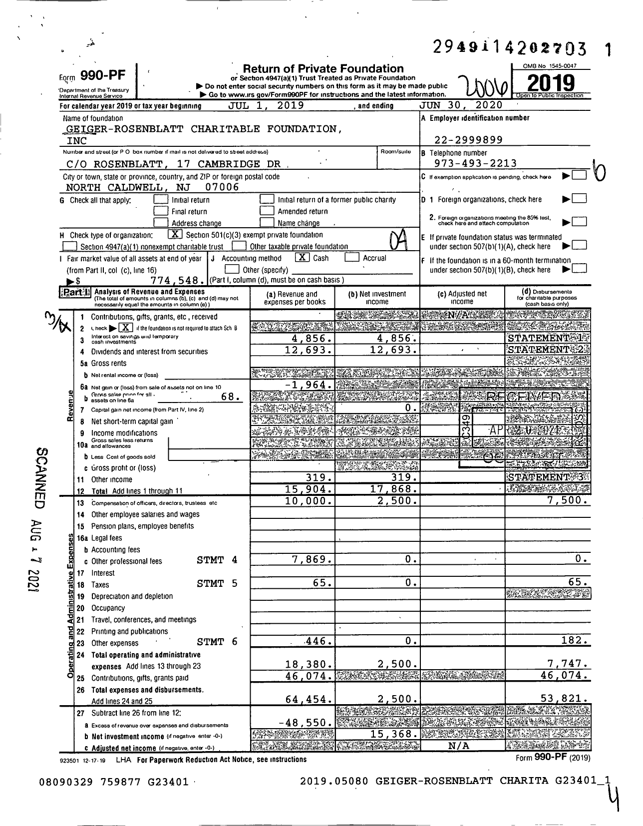 Image of first page of 2019 Form 990PF for Geiger-Rosenblatt Charitable Foundation