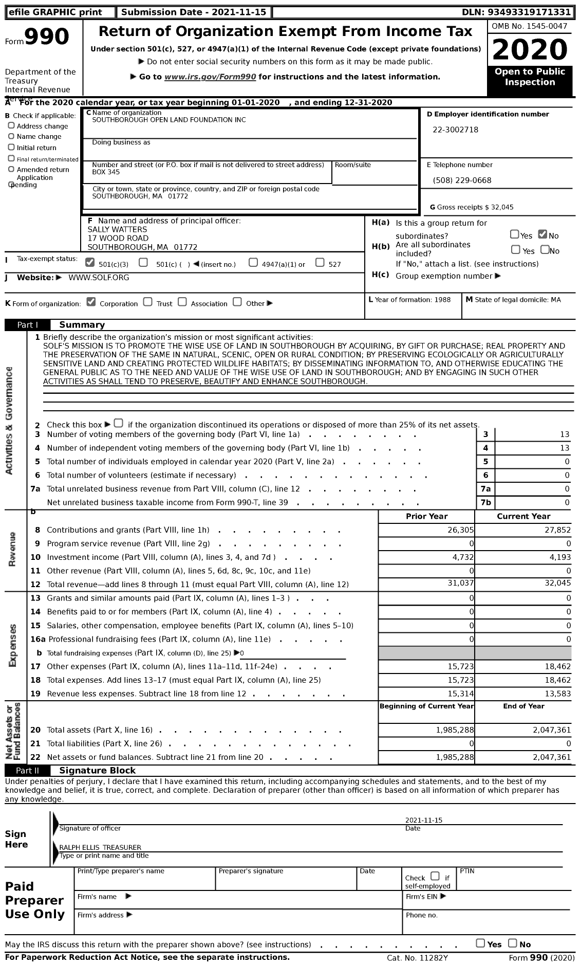 Image of first page of 2020 Form 990 for Southborough Open Land Foundation